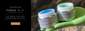 Introducing Parsa M. D. Beverly Hills. The Green Juice Peel. Brightening Juice Peel. Shop Now. Two Cosmetic Containers On Hand In Green Gum Glove